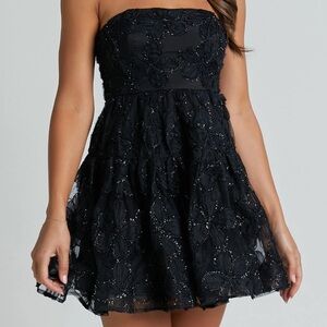Elegant Black Strapless flower sequins Dress #104